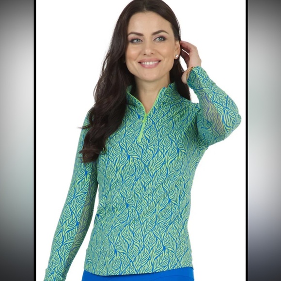 Title: IBKÜL UPF 50+ Leaf Print Quarter Zip Top – Women’s Size Small - Picture 1 of 5